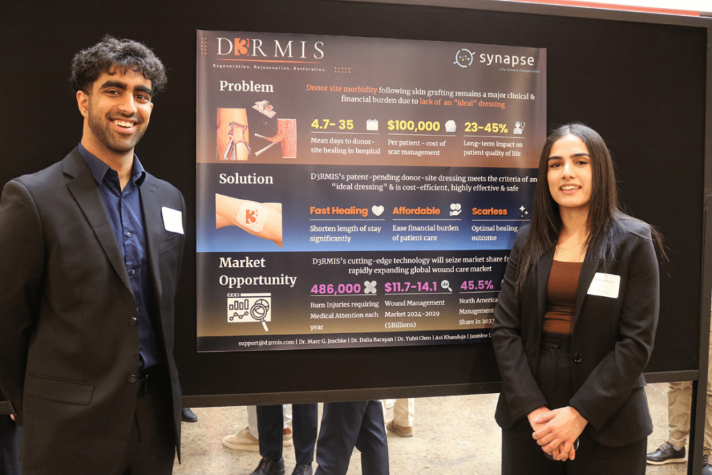 Students working with D3rmis standing with their poster board during the 2024 Synapse Life Science Pitch Competition